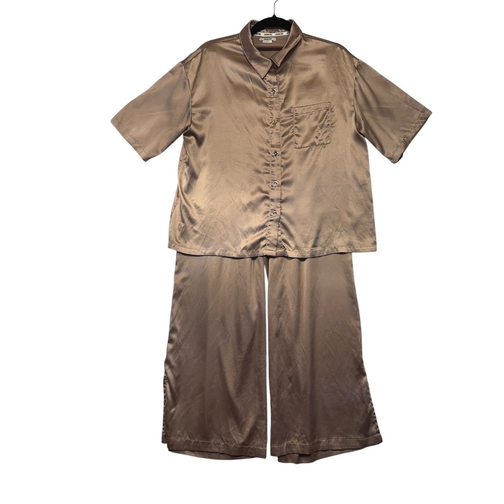 Jason Wu Satin 2 Piece Set Small Taupe Bronze Shirt Wide Leg Pants Loungewear
